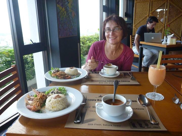 We enjoyed a very late lunch at &ldquo;Thiripyitsaya Sky Bistro&rdquo; which is at the top (20th floor) of the Sakura Tower: Yangons tallest sky scraper.  23,000 kyat for lunch about $27